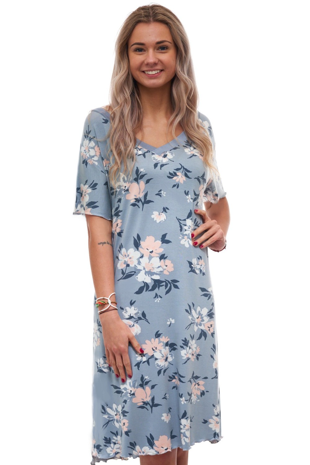 Dámská hedvábně jemná a pružná noční košilka modrošedá – květinový vzor, velikosti 2XL–5XL