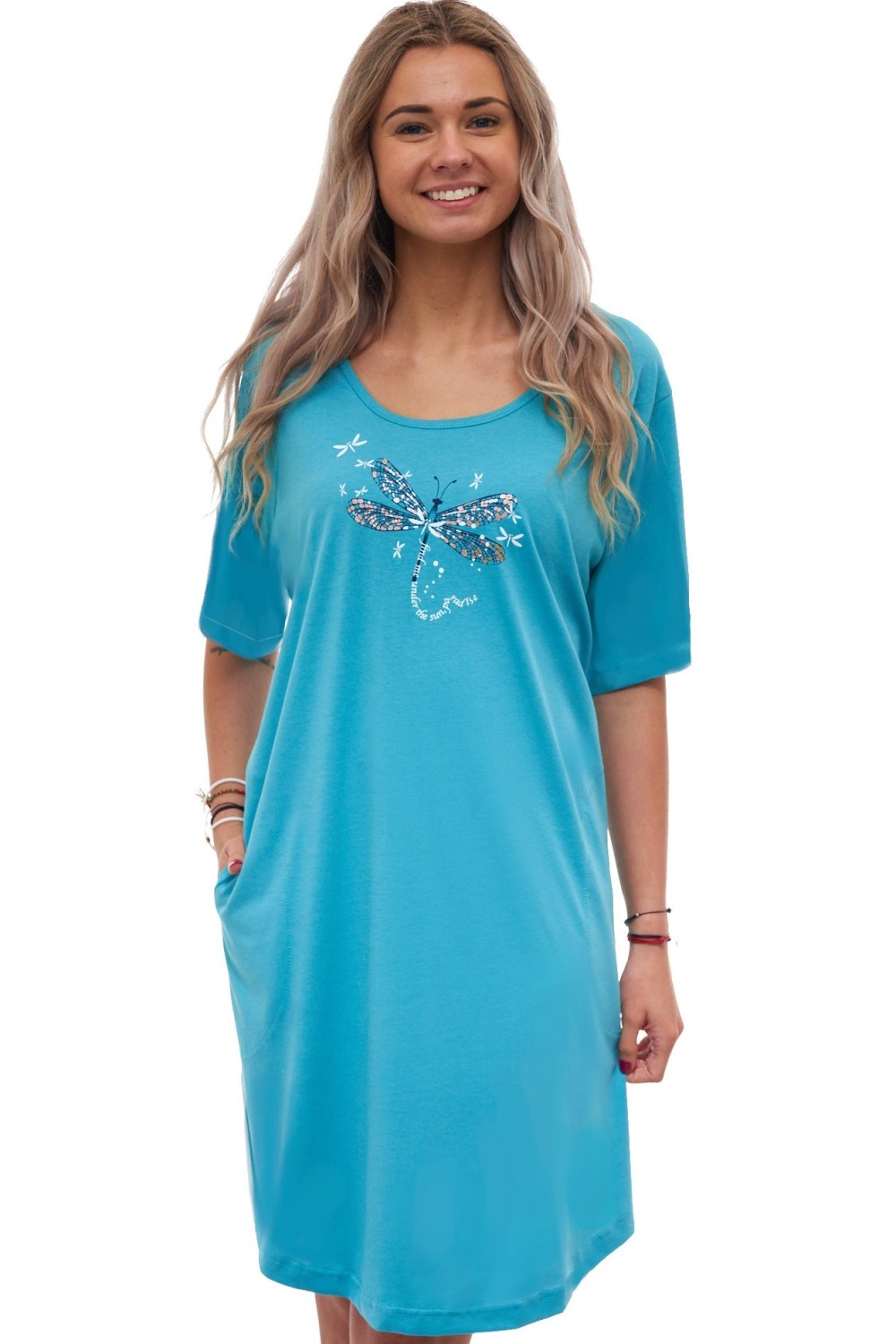 Dámská noční košilka s vážkou – blankytně modrá, 100% bavlna, velikosti 1XL–4XL