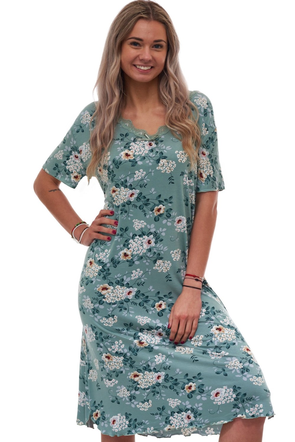 Luxusní dámská hedvábně jemná a pružná noční košilka zelená s květinovým vzorem – velikosti 2XL–5XL