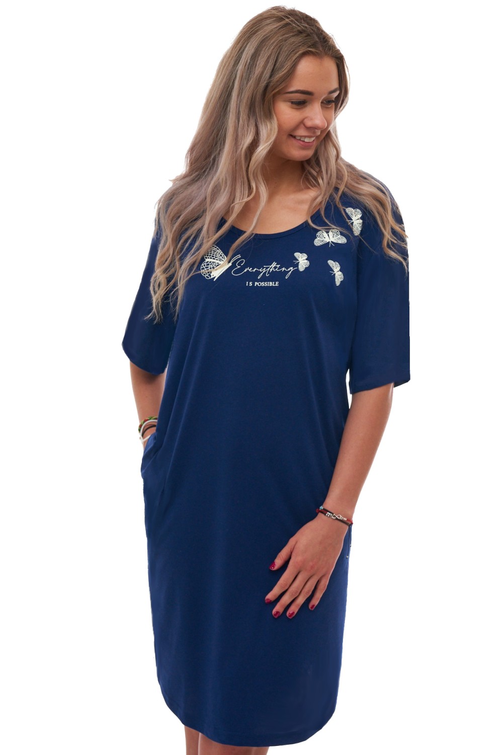 Dámská noční košilka ze 100% bavlny – EVERYTHING IS POSSIBLE, tmavě modrá, 1XL–4XL
