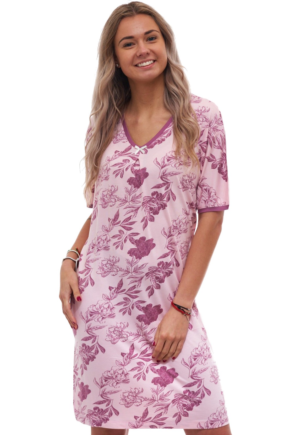 Luxusní dámská košilka – růžová elegance s vínovým květinovým celovzorem a krátkým rukávem 2XL-5XL