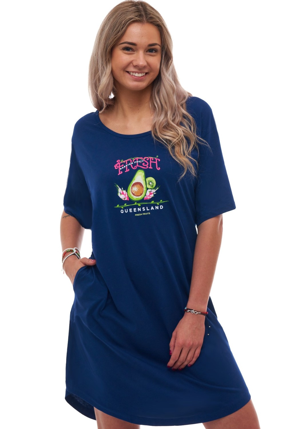 Košilka „Fresh Fruit“ – tmavě modrá s ovocným motivem, bavlna, kapsy, 1XL–4XL
