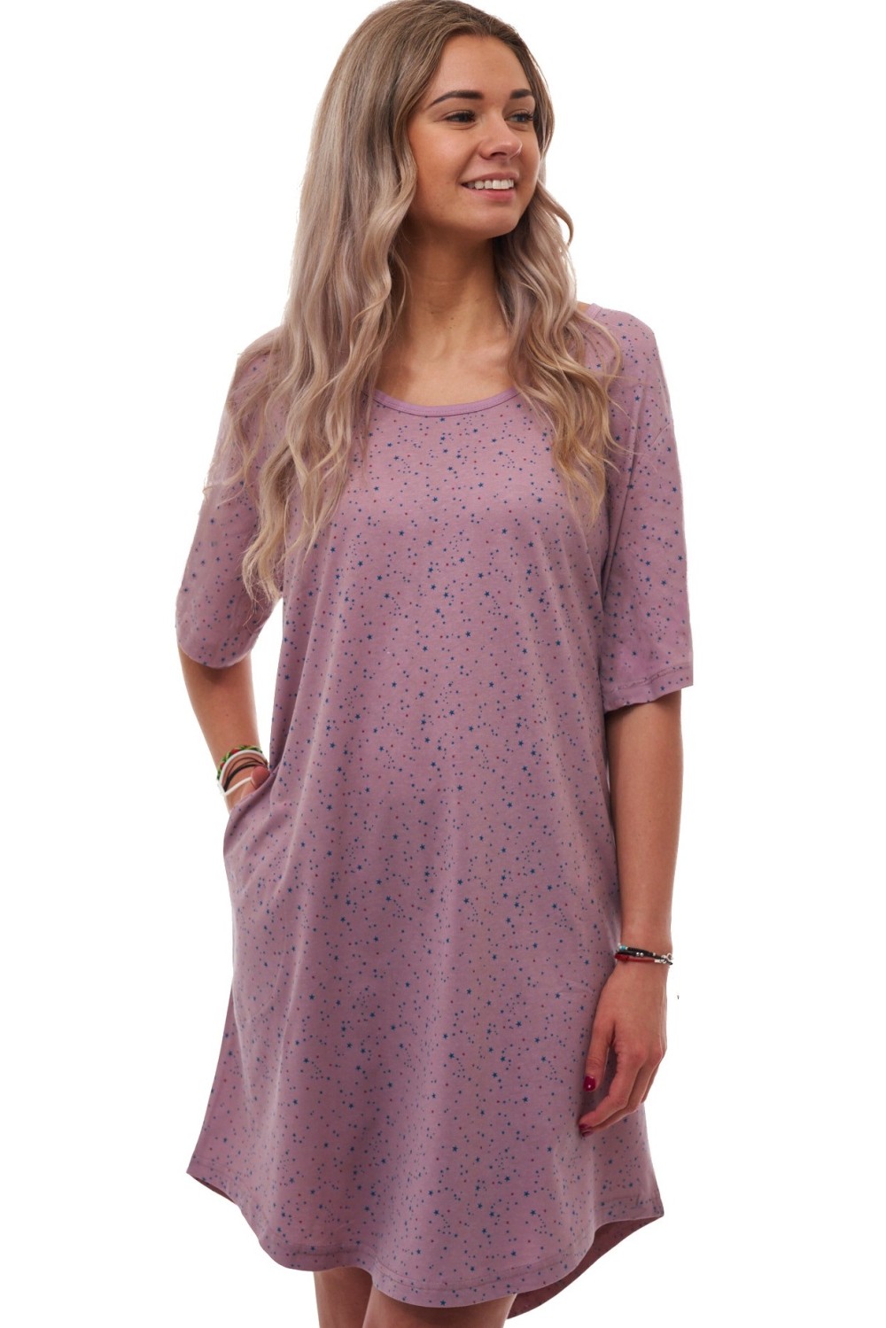 Starorůžová košilka s celovzorem modrých hvězdiček – bavlna, kapsy, 1XL–4XL