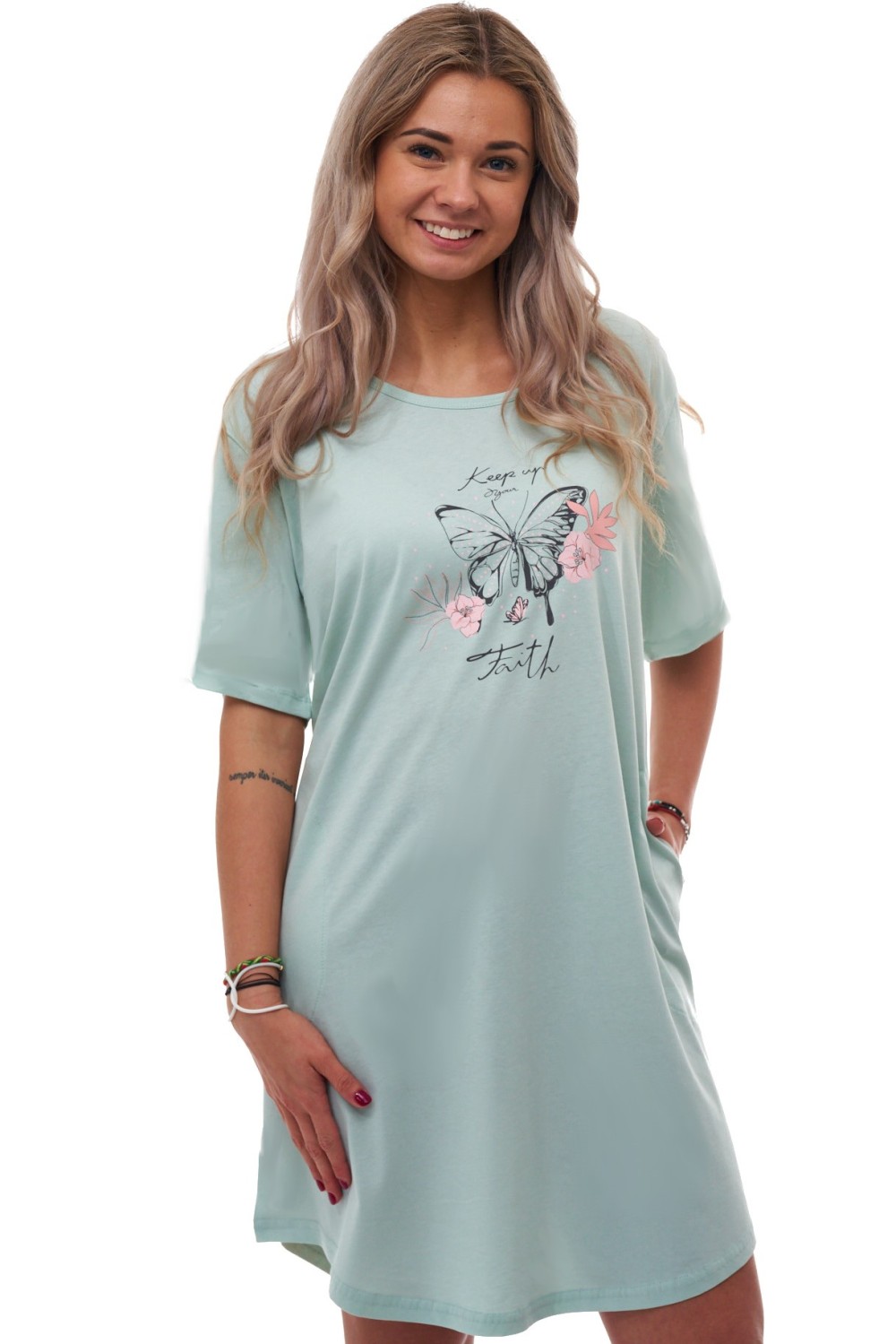 Košilka „Keep up Your Faith“ – holubí modř, motýl, bavlna, kapsy, 1XL–4XL