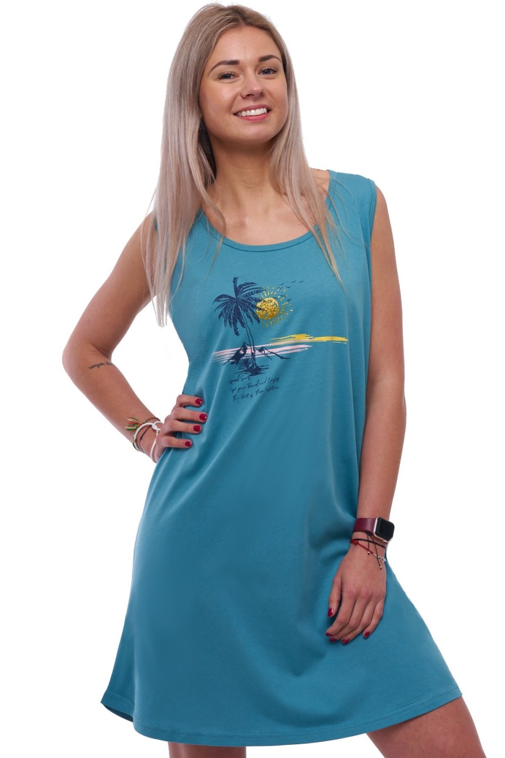 Dámská noční košilka bez rukávů v modrozelené azurové barvě s motivem slunného ostrova 1XL-4XL