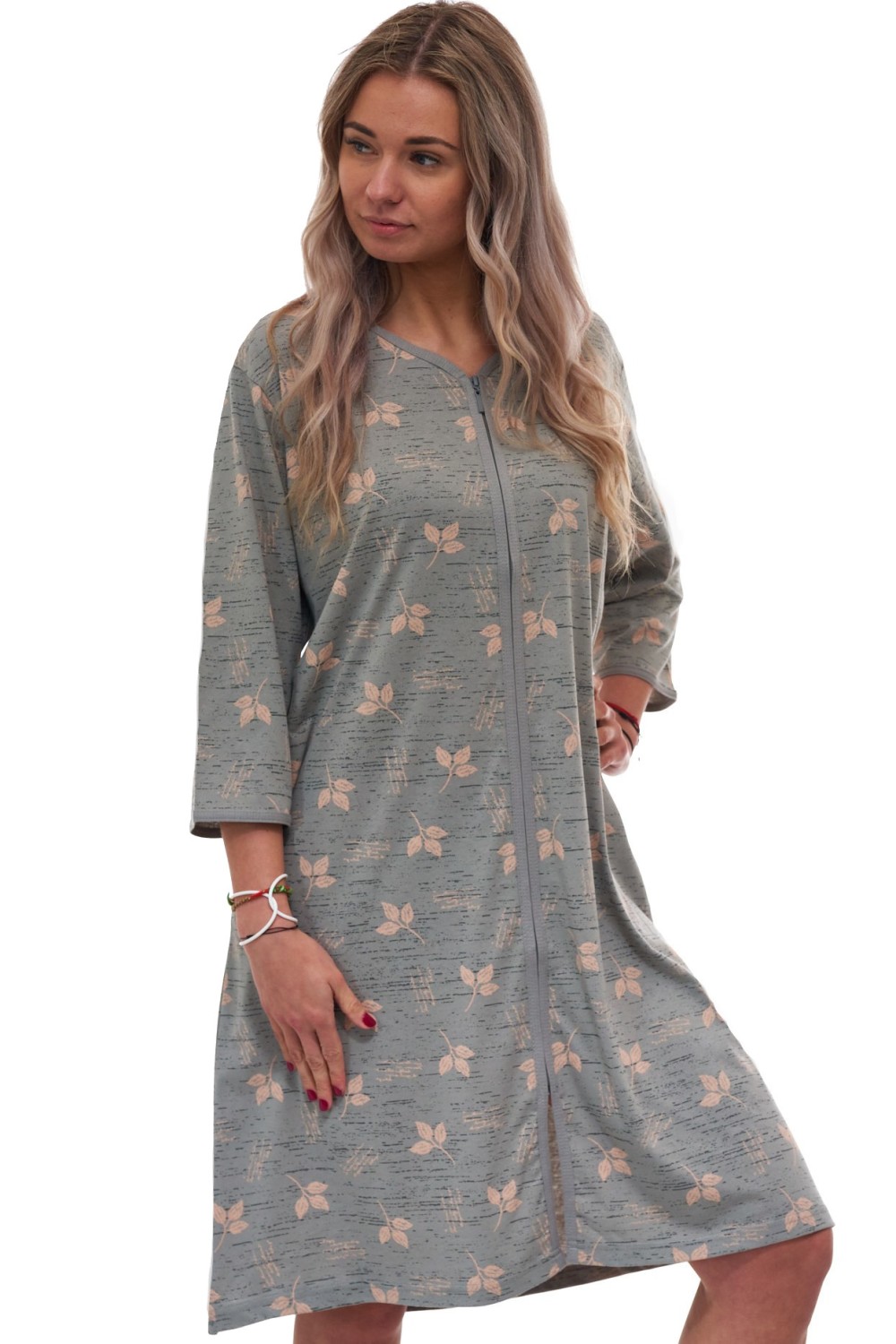 Dámský župan na zip pro plnoštíhlé – šedobéžový s růžovými lístky, 1XL–4XL