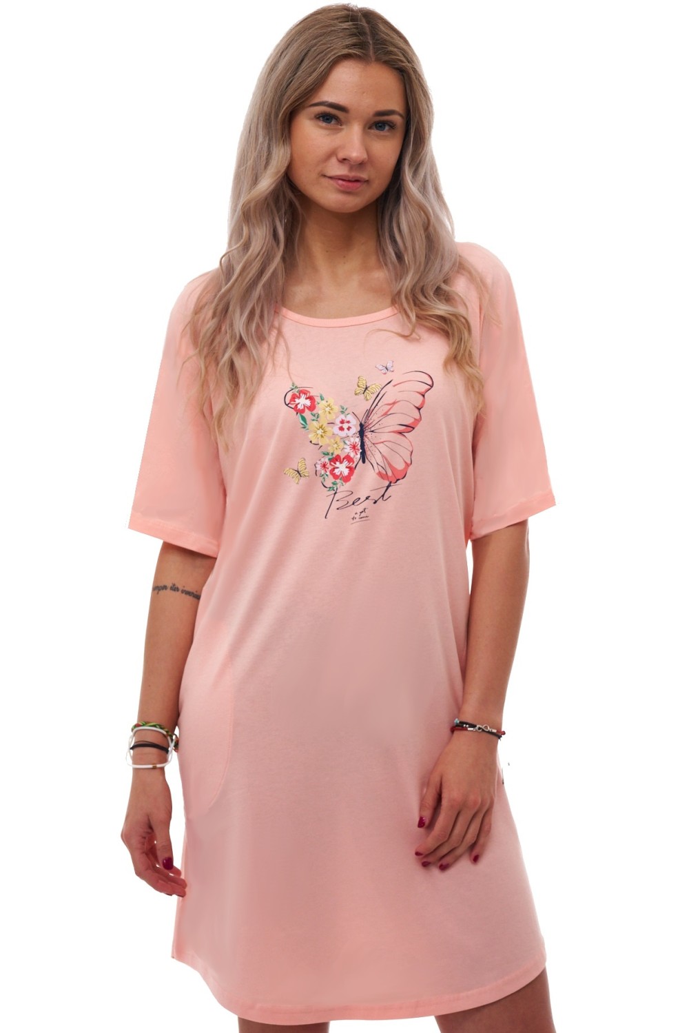 Růžová košilka s květinovým motýlem a nápisem Best – 100% bavlna, kapsy, 1XL–4XL