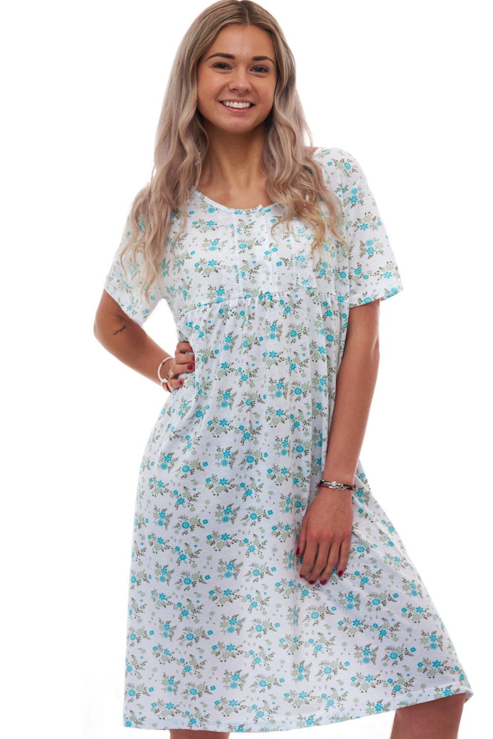 Bílá dámská noční košilka se zeleným květinovým vzorem a knoflíčky u krku 1XL-4XL