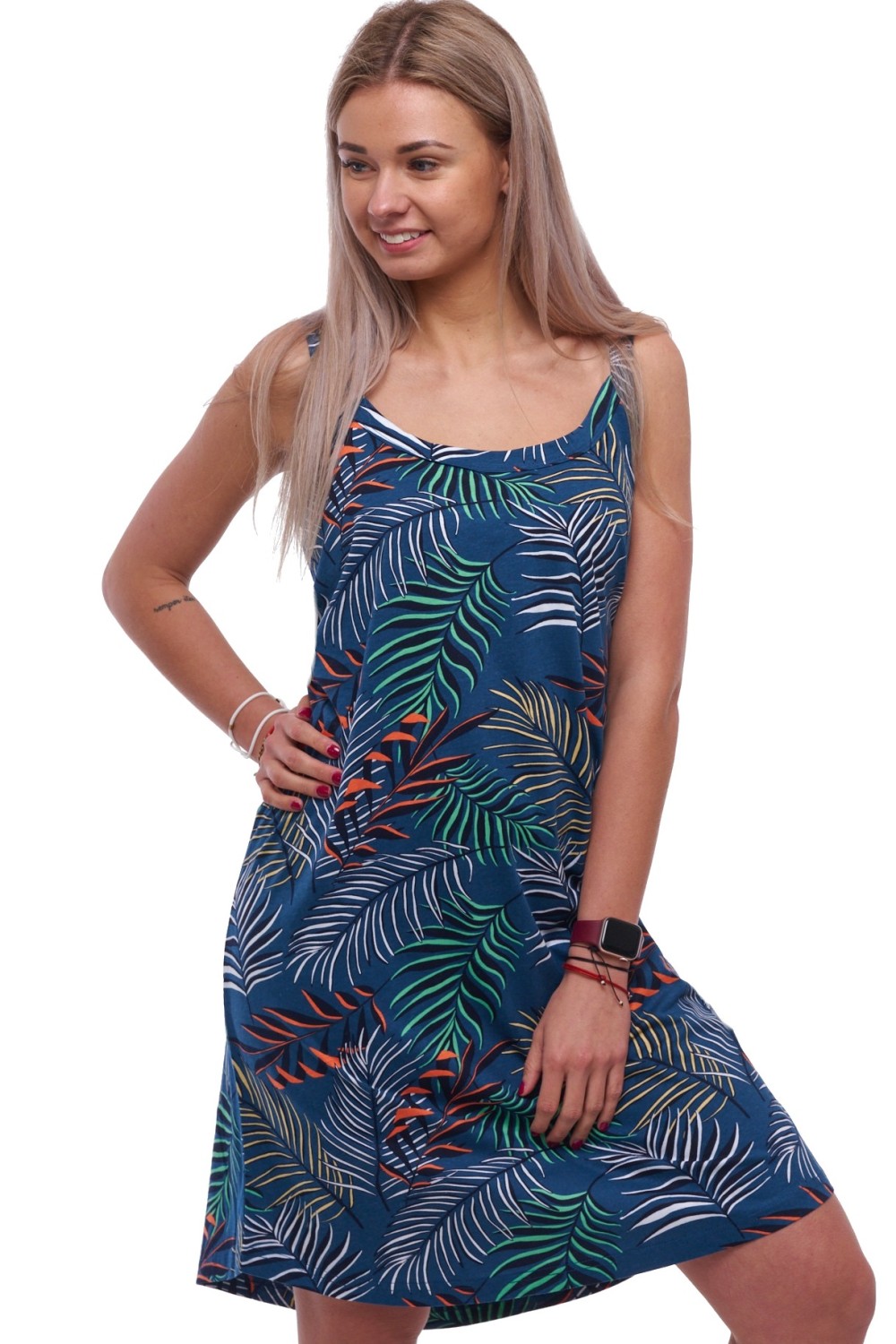 Dámská košilka 1XL–4XL – modrozelená s barevným listovým vzorem