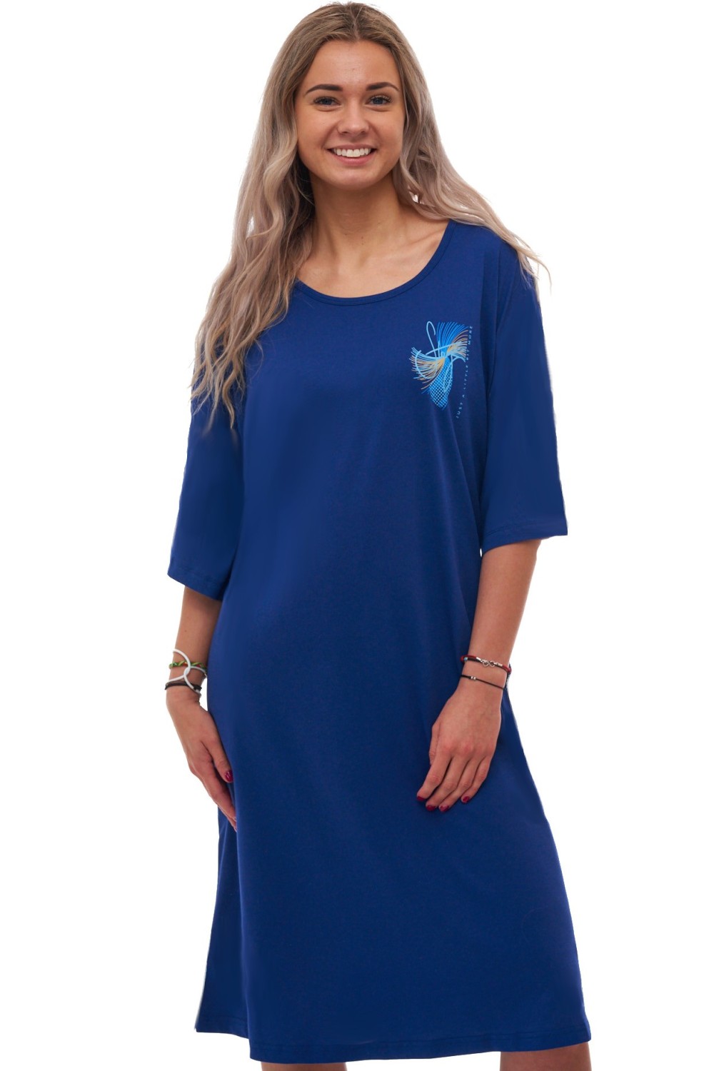 Dámská modrá košilka s kapsami – spirálový motiv, nápis Stey, 5XL–7XL