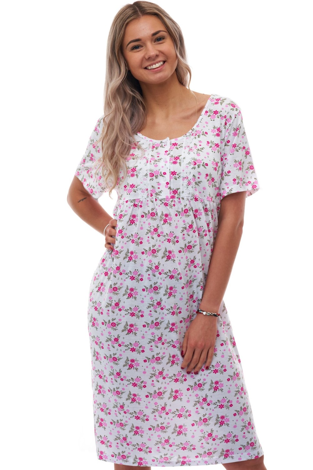 Noční košilka s růžovým květinovým motivem a zapínáním u krku 1XL-4XL