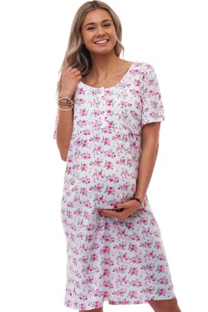 Těhotenská a kojicí noční košilka s růžovým květinovým vzorem a knoflíčky 1XL-4XL