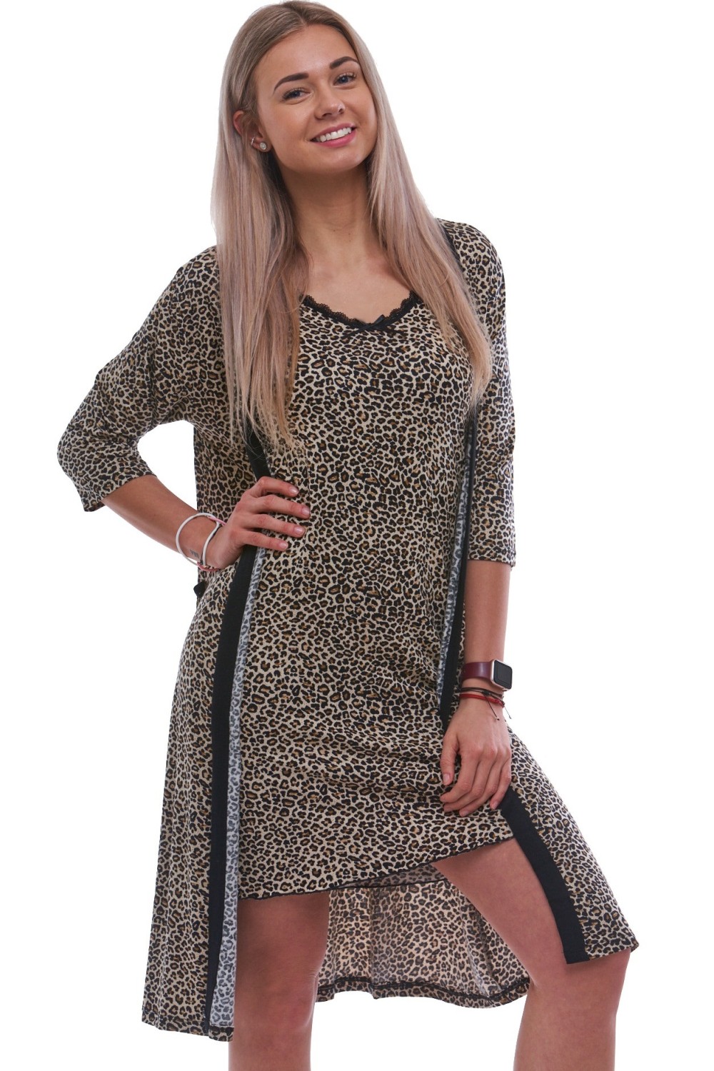 Luxusní komplet z jemného materiálu – košilka i župan s jaguářím vzorem a černou krajkou 2XL-5XL