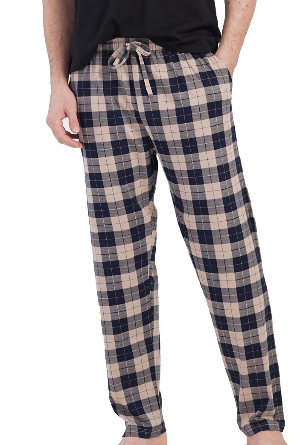 Pánské pyžamové kalhoty béžové a modře kárované pro plnoštíhlé 1XL-4XL