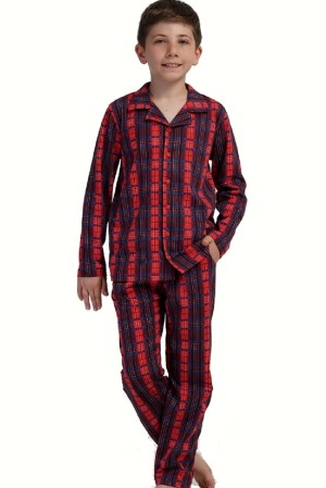 Chlapecké bavlněné pyžamo červená kostka dlouhý rukáv s límečkem