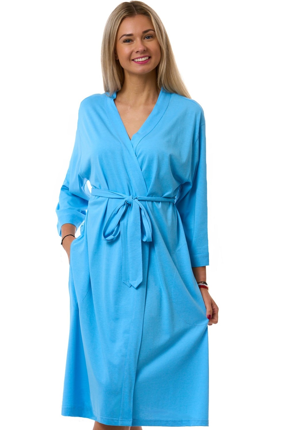 Dámský župan modrý 1XL–4XL – lehký bavlněný pod kolena