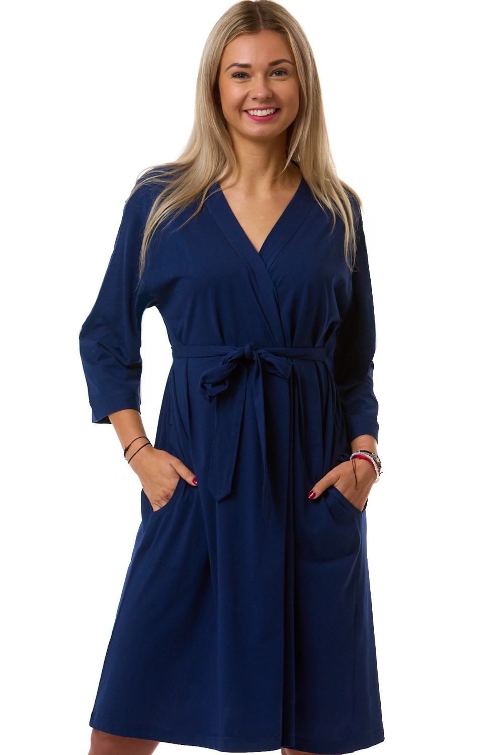 Dámský župan tmavě modrý 1XL–4XL – bavlněný, pod kolena
