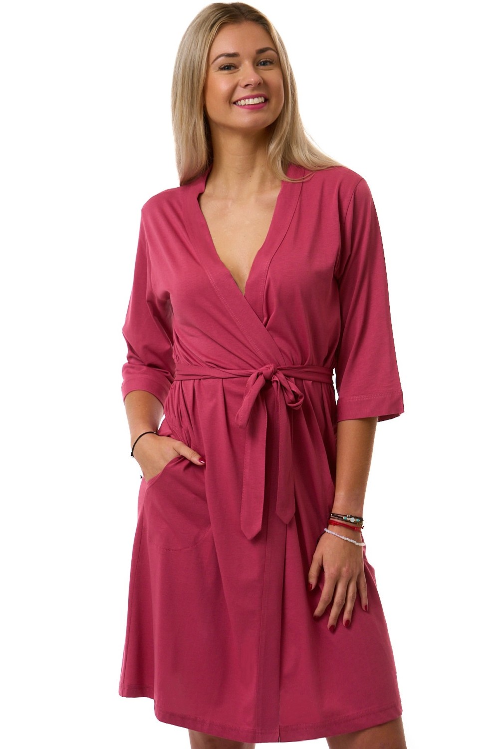 Dámský župan malinový – lehký bavlněný krátký župan s páskem