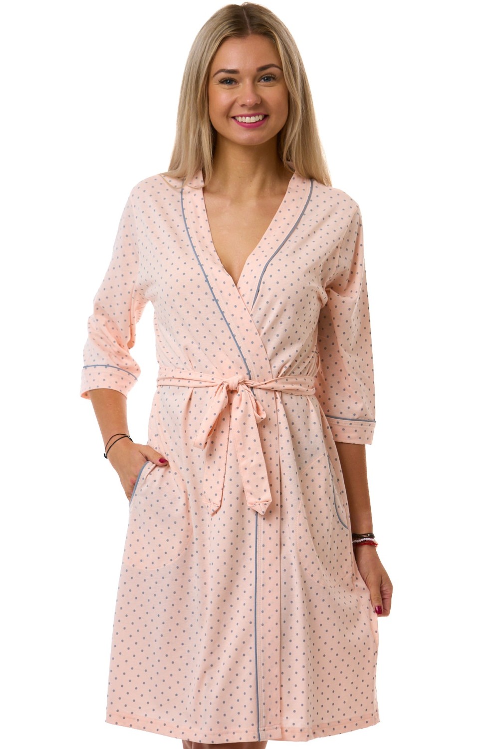 Dámský župan růžový se šedými puntíky – lehký a veselý