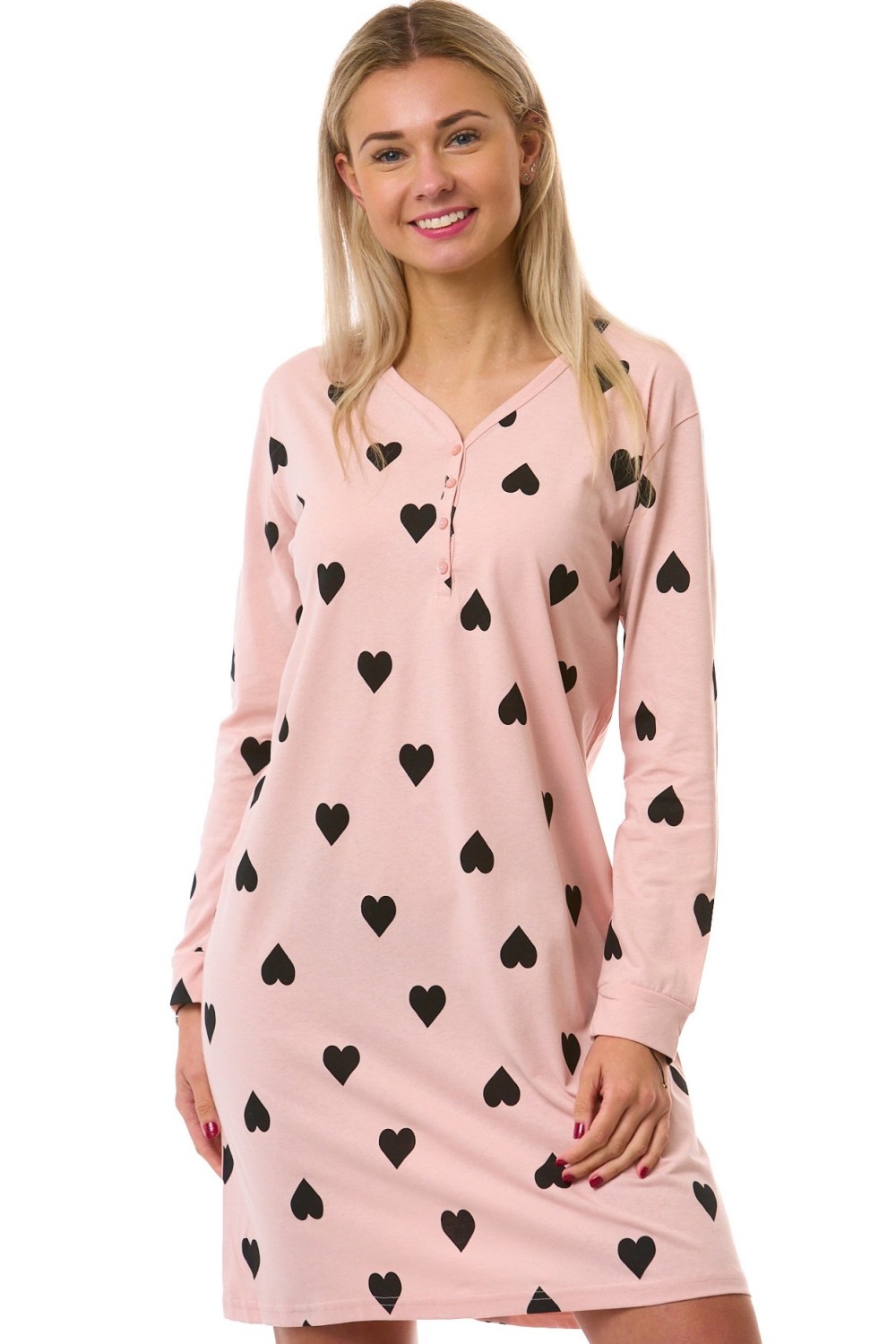 Noční košile pro ženy z bavlny – růžová se srdíčky, propínací, dlouhý rukáv