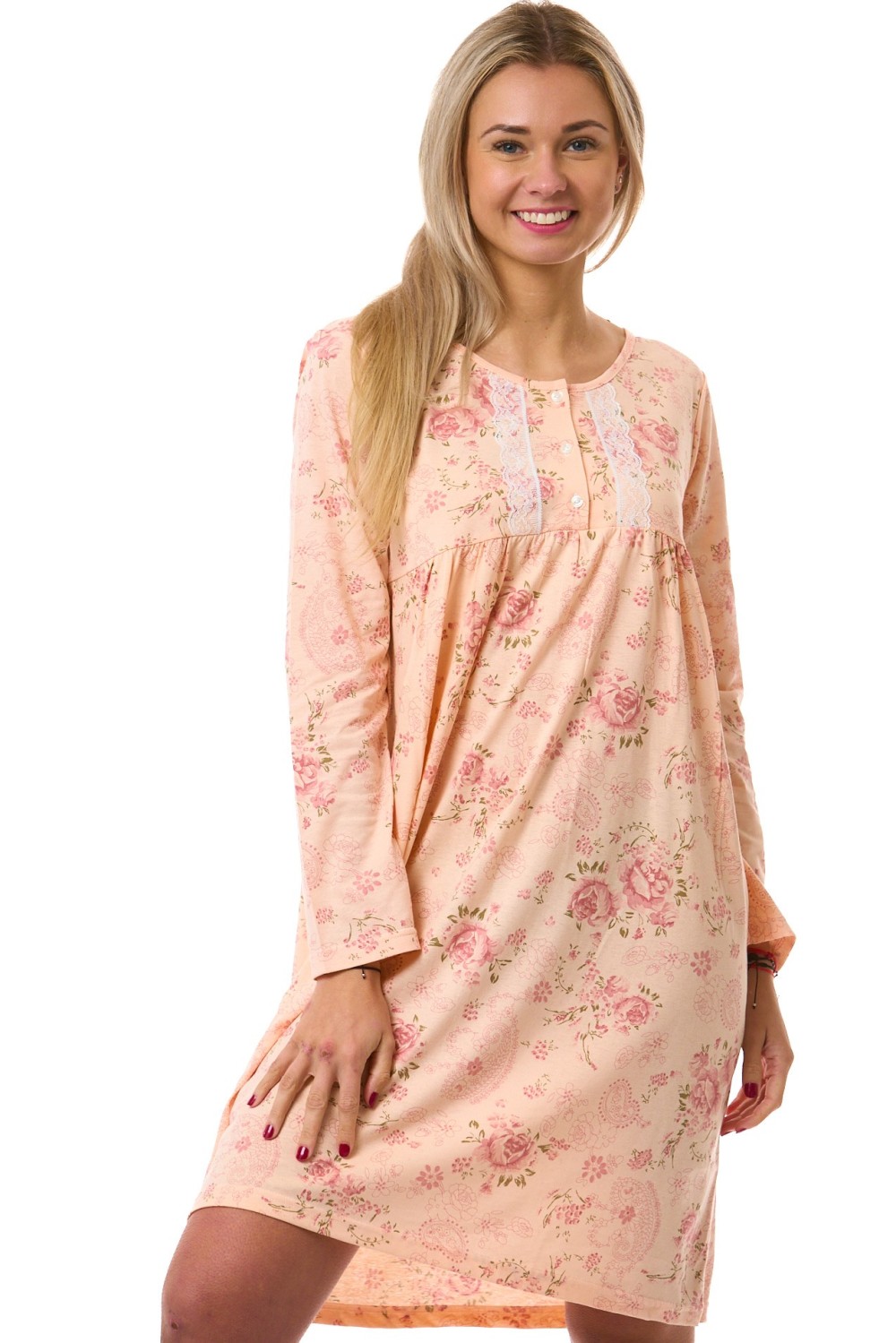 Noční košile pro ženy z bavlny s dlouhým rukávem – meruňková s růžovými růžičkami