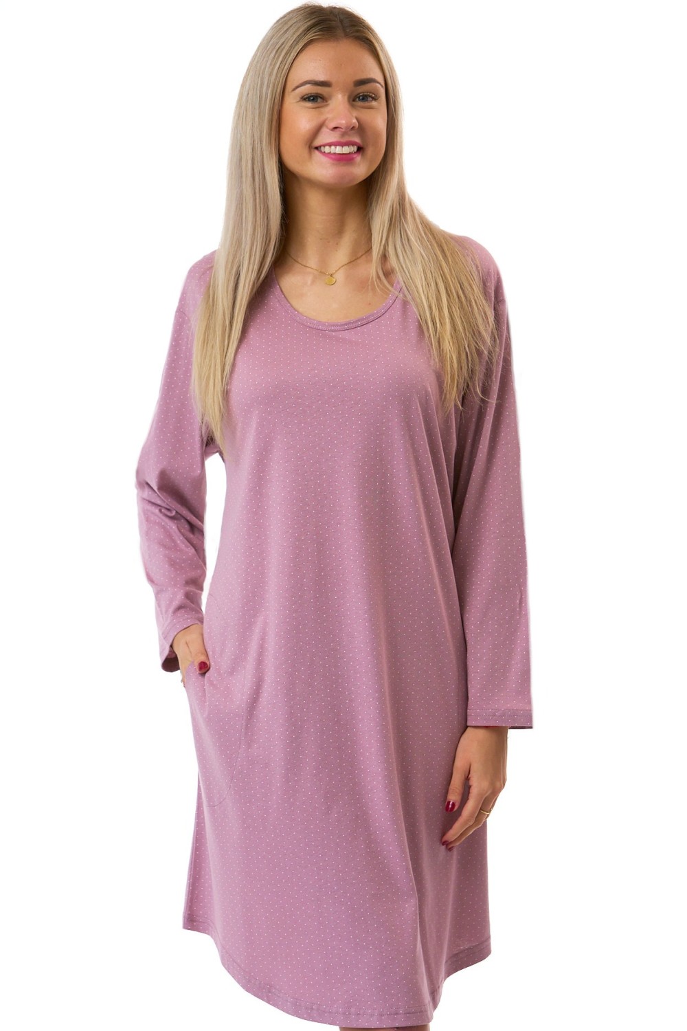 Noční košilka z bavlny s dlouhým rukávem-puntíkovaná, pro plnoštíhlé ženy 1XL–4XL
