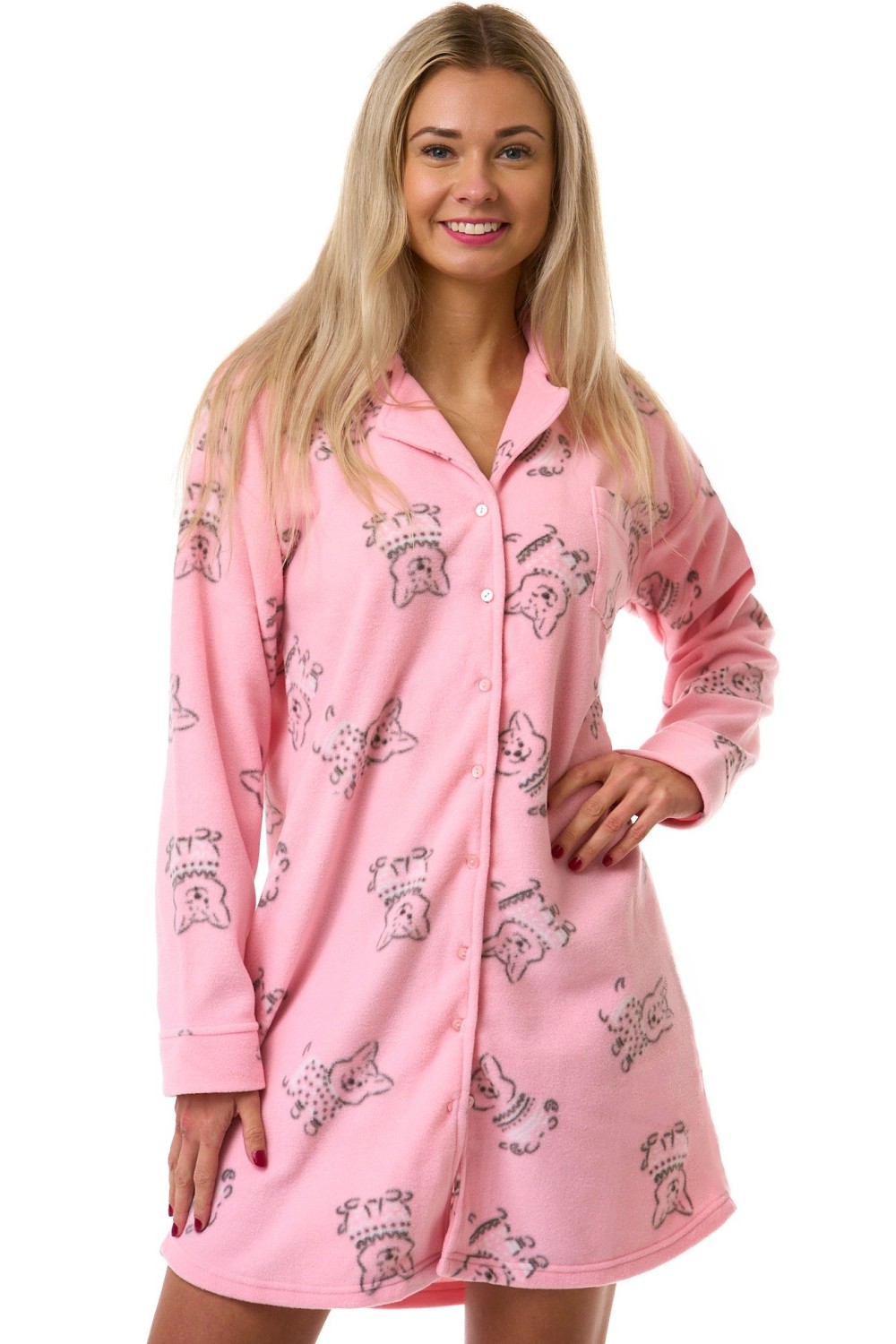 Dámská růžová flízová košilka s pejsky – celopropínací s límečkem - termo hřejivá