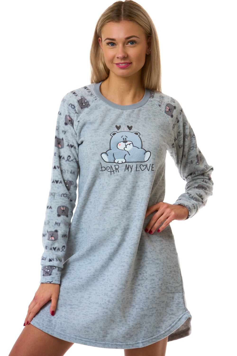 Dámská šedá flízová košilka s medvědem a nápisem Bear My Love - termo teplá