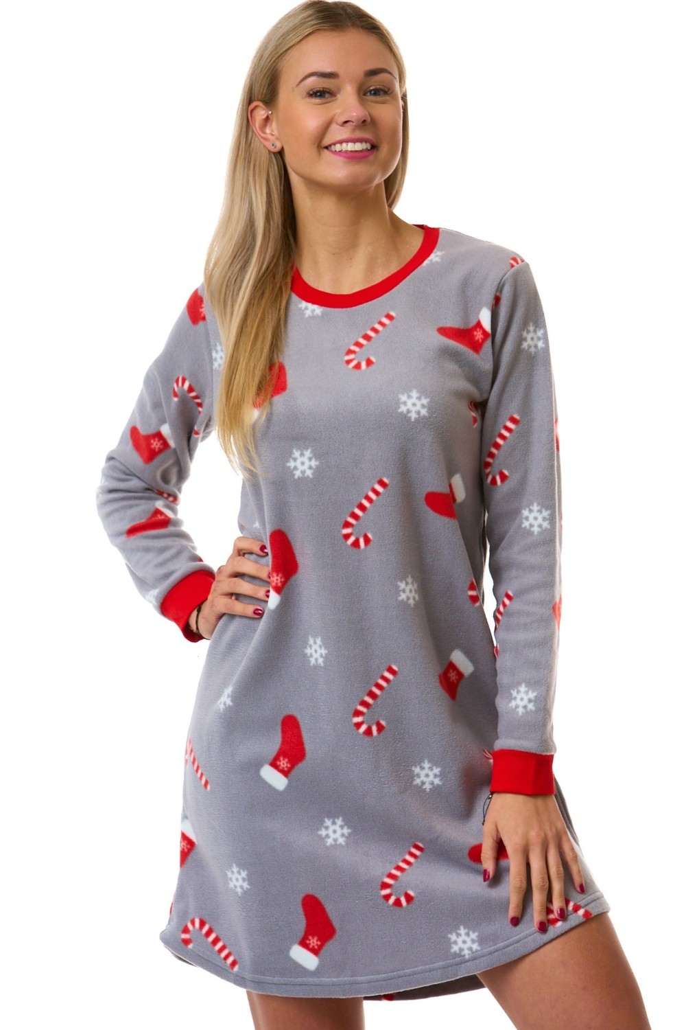 Dámská šedá flízová košilka s vánočním motivem ponožek a vloček - termo teplá