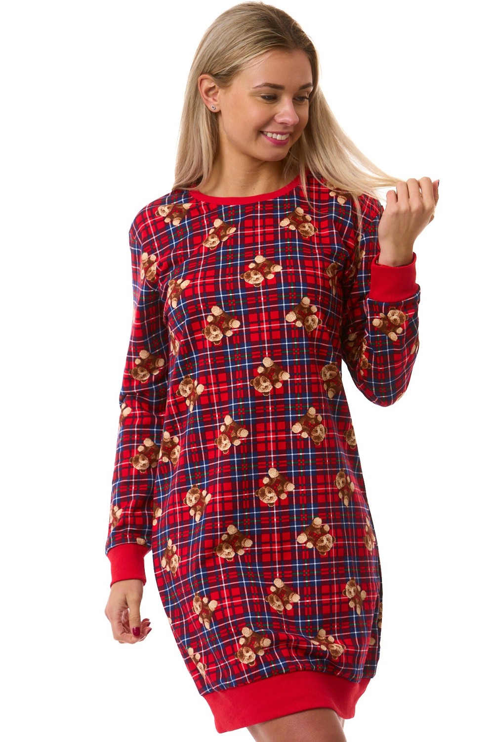 Dámská teplá červená košilka s medvídky a modrým kostkovaným vzorem - termo bavlna