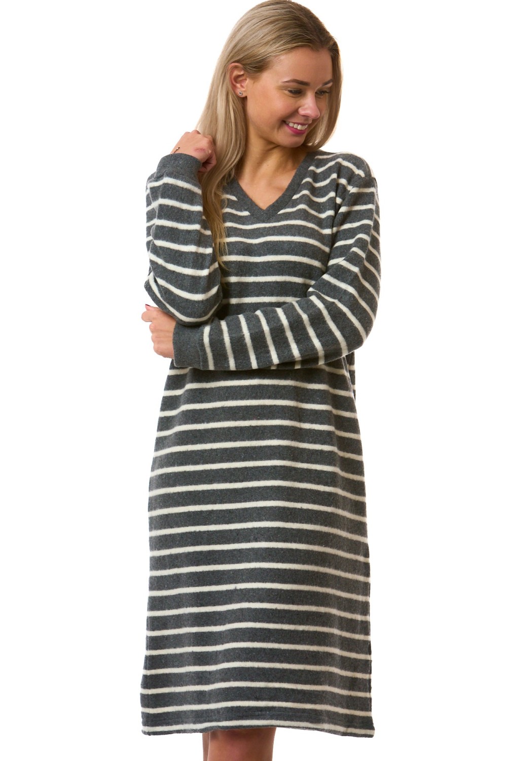 Dámská teplá košilka s dlouhým rukávem – tmavě šedá s pruhy - TERMO bavlna