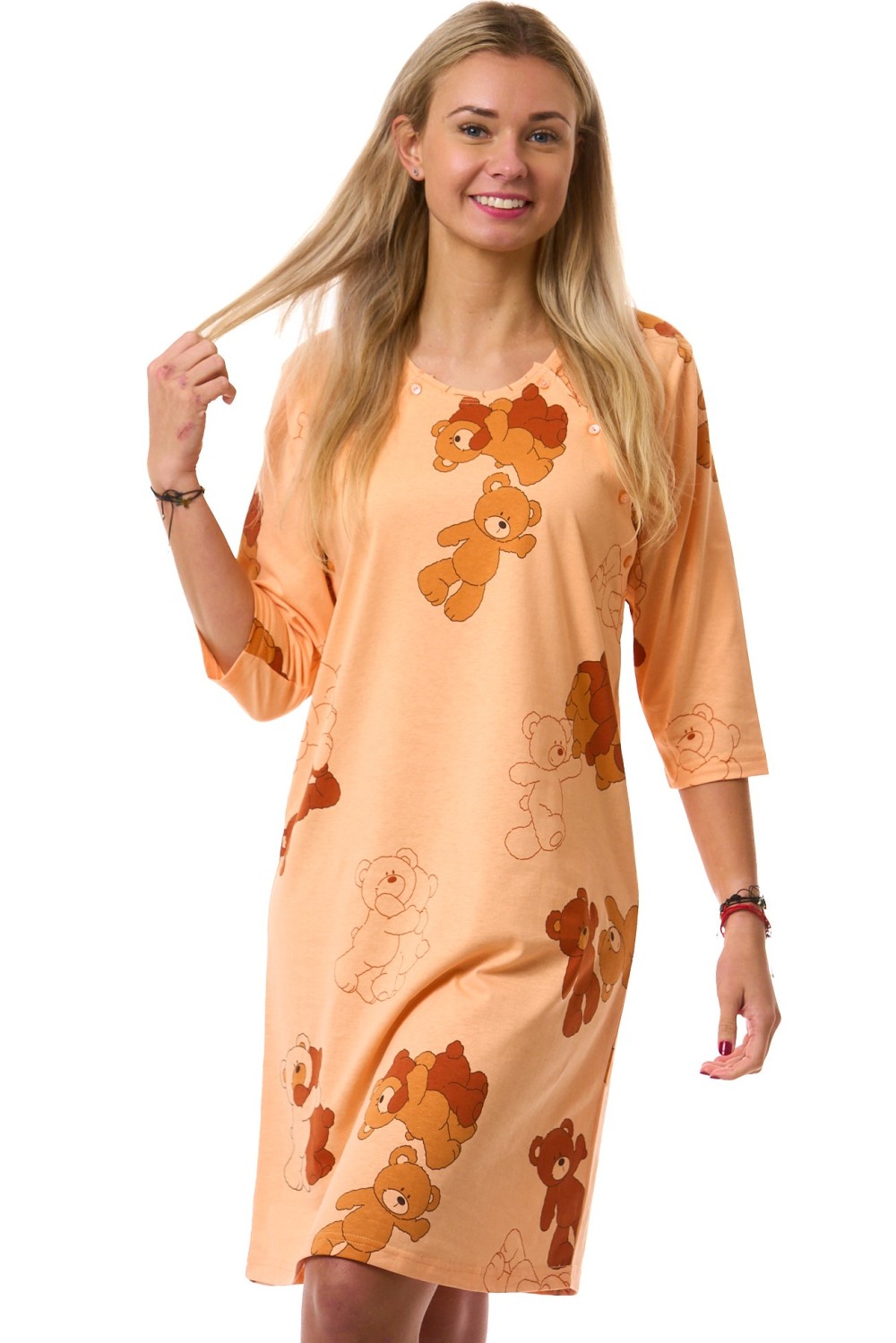 Těhotenská a kojicí košilka meruňková s medvídky – hebká, praktická, s tříčtvrtečním rukávem