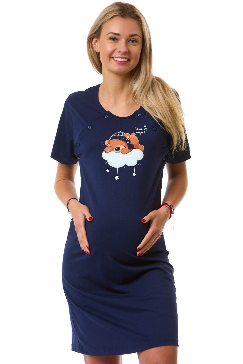Těhotenská a kojicí košilka tmavě modrá s medvídkem – pohodlí a roztomilost v jednom