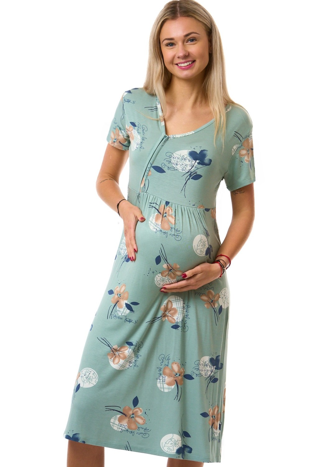 Těhotenská a kojicí noční košilka z pružného materiálu, zelená s květinovým vzorem