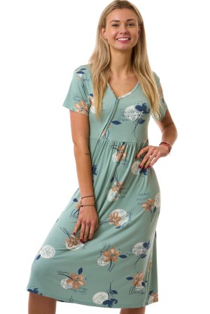 Dámská noční košile – Noční košilka z pružného materiálu se zipem, zelená s květinovým vzorem