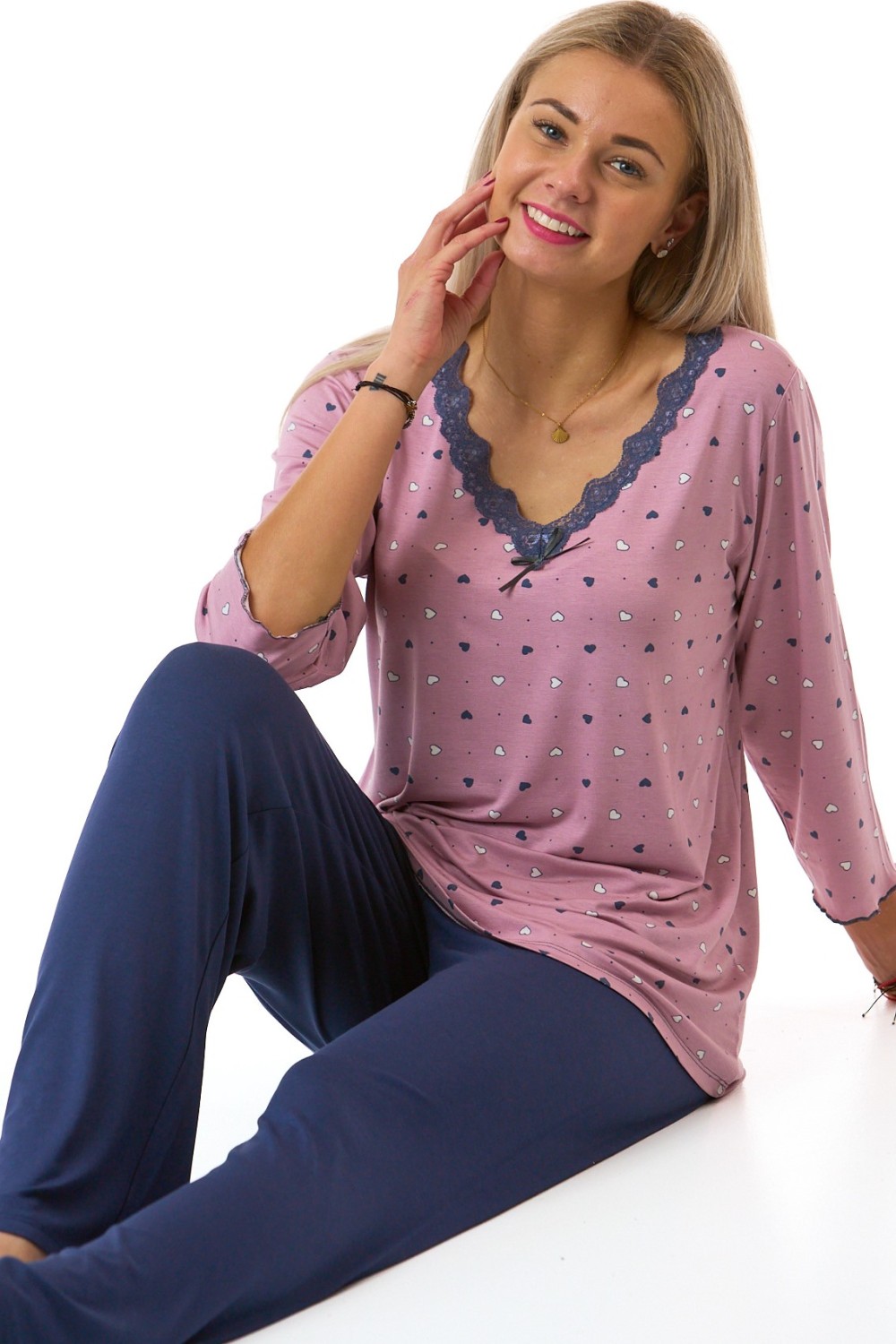 Dámské pyžamo pro plnoštíhlé 2XL 5XL lila se srdíčky modrofialová krajka