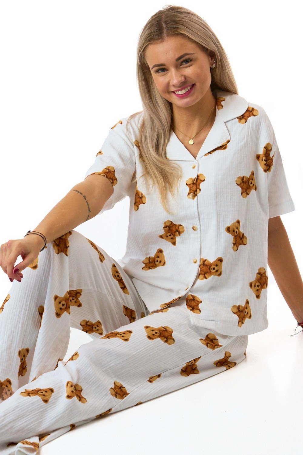 Dámské mušelínové pyžamo bílé s hnědými plyšovými medvídky