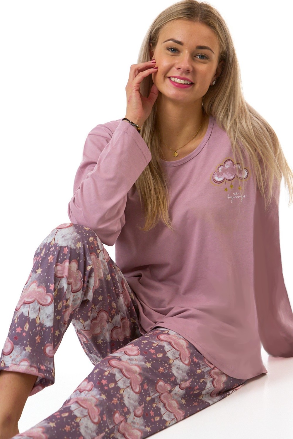 Dámské pyžamo pro plnoštíhlé starorůžové s fialovými kalhotami snová obloha