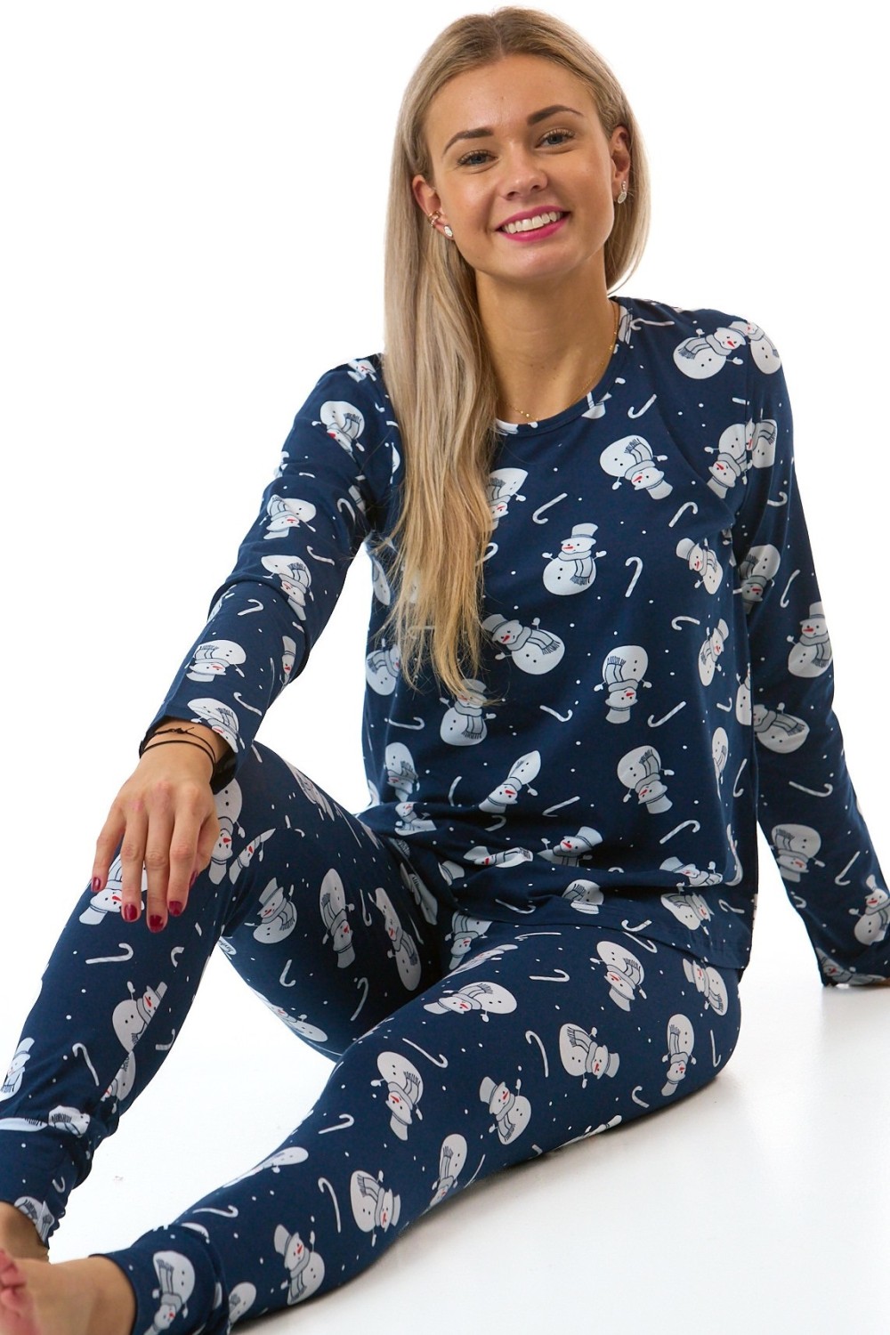 Dámské bavlněné pyžamo se sněhuláky tmavě modré