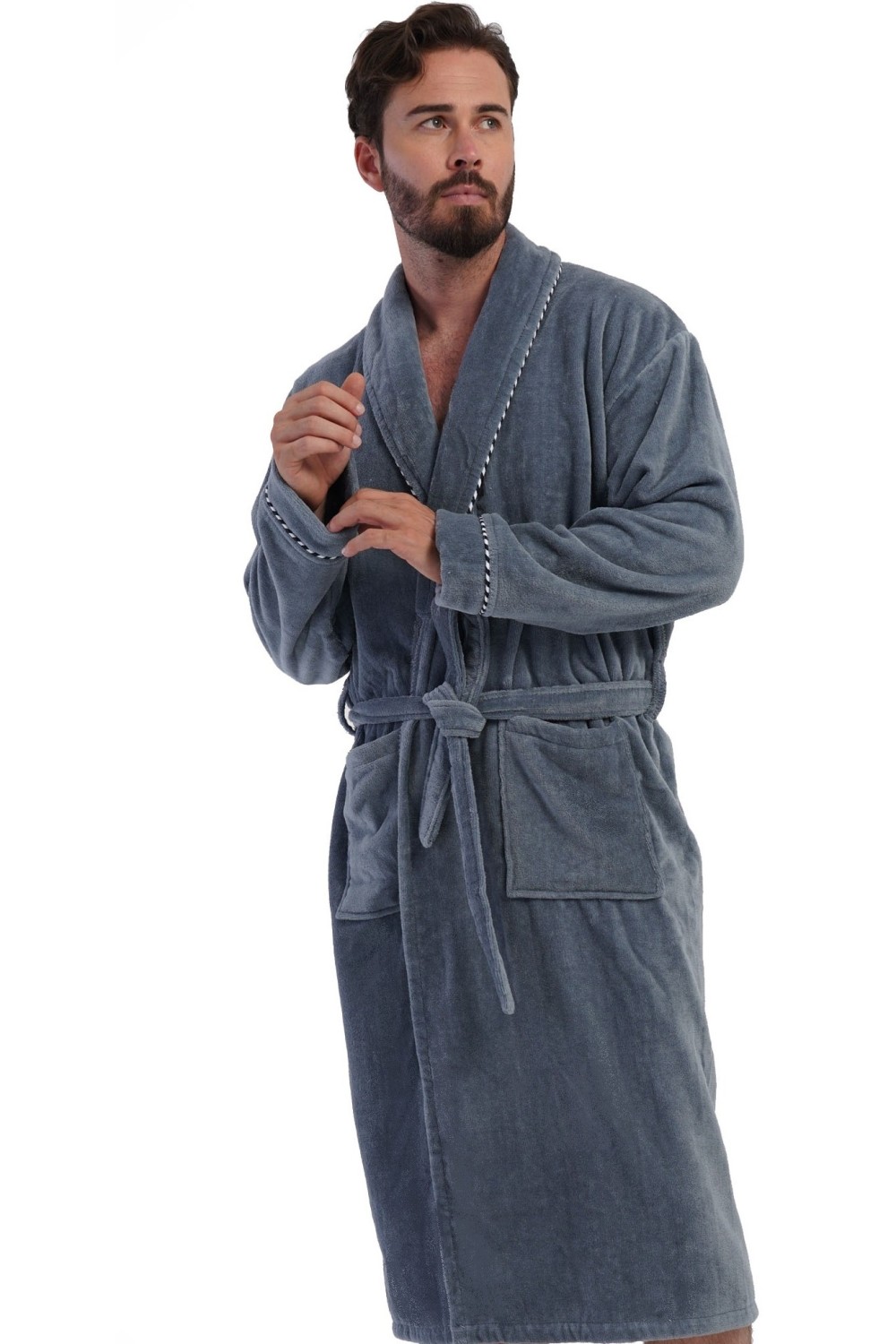 Šedý pánský froté župan s límcem a černobílým pruhem