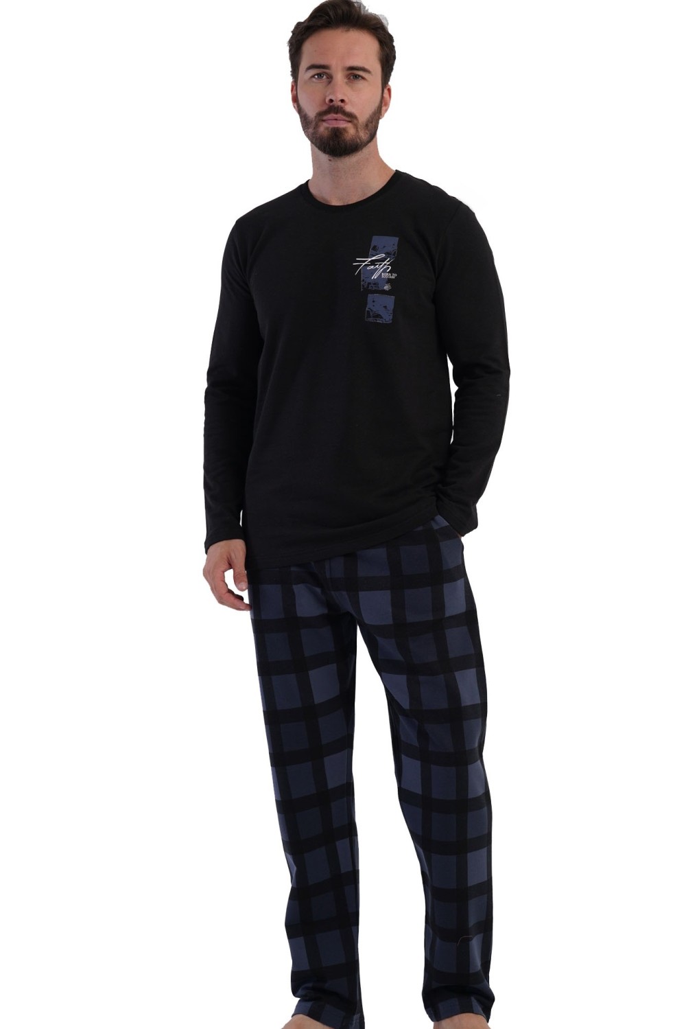 Pánské teplé pyžamo černé a modře kostkované - TERMO BAVLNA