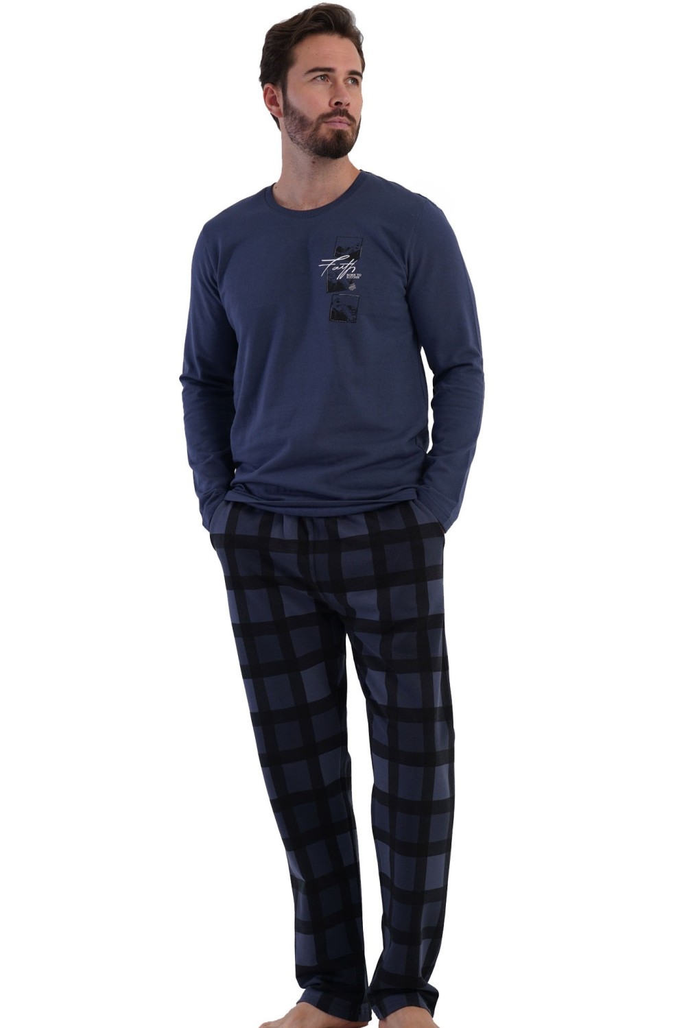 Pánské teplé pyžamo tmavě modré a černě kostkované - TERMO BAVLNA