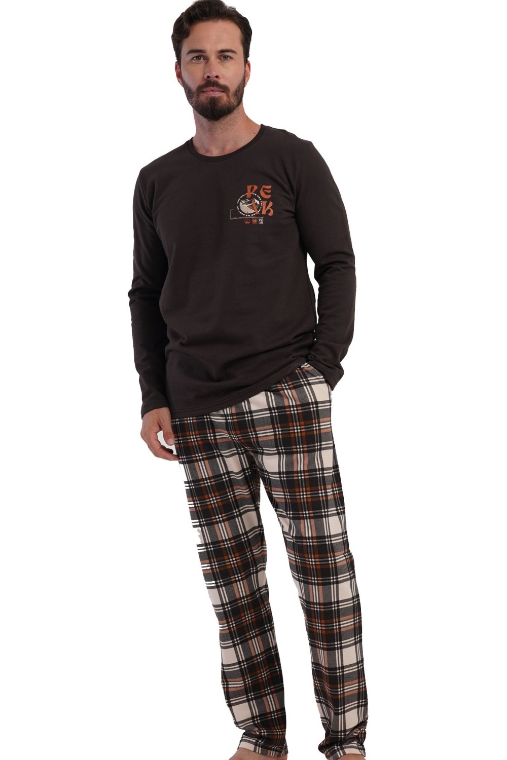 Pánské teplé bavlněné pyžamo hnědé PEAK hory - sportovní