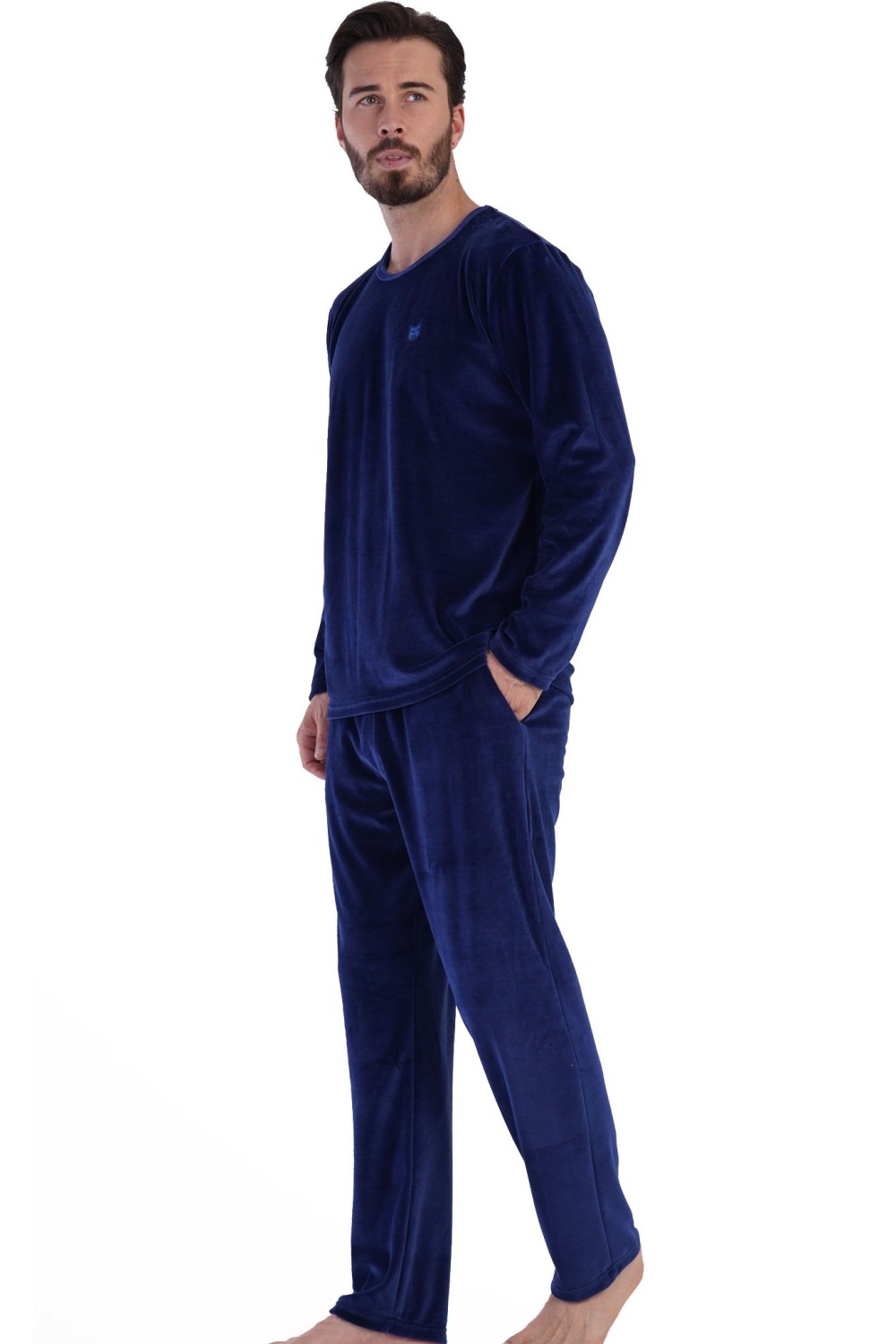 Pánské pyžamo z bavlněného weluru – modré, hřejivé a pohodlné