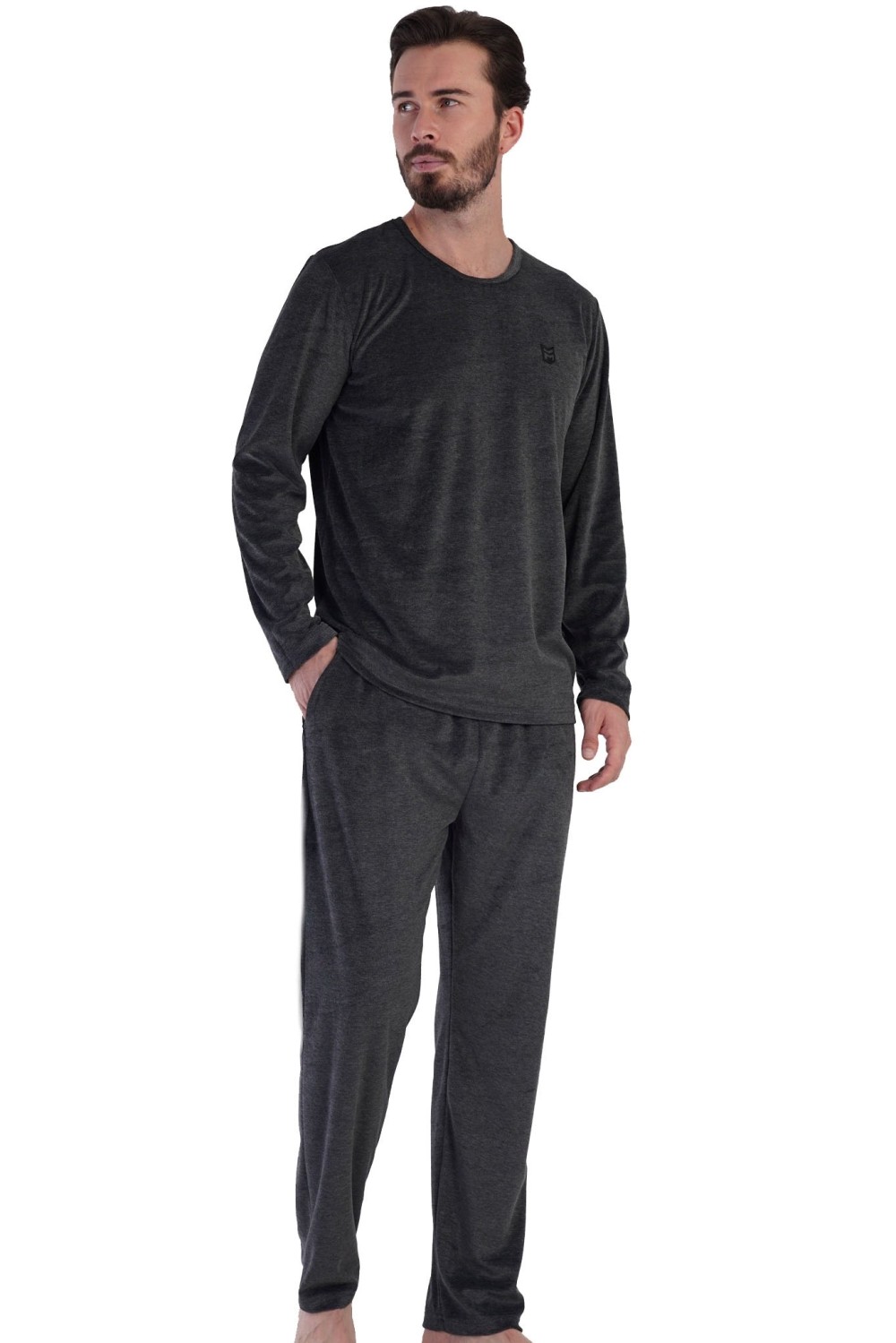 Pánské pyžamo z bavlněného weluru – tmavě šedý melír, teplé a stylové