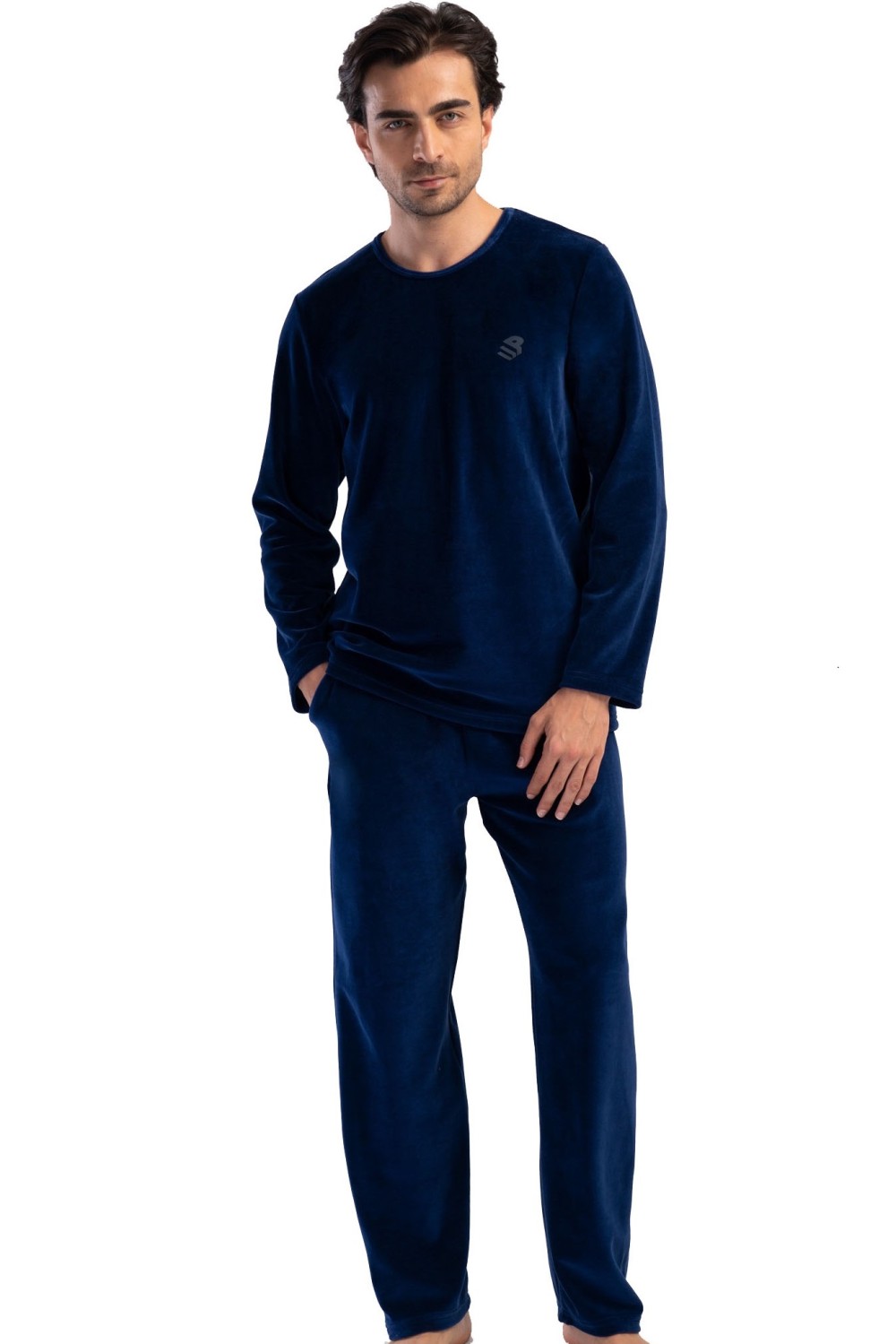 Pánské pyžamo z bavlněného weluru – tmavě modré, hřejivé a měkké
