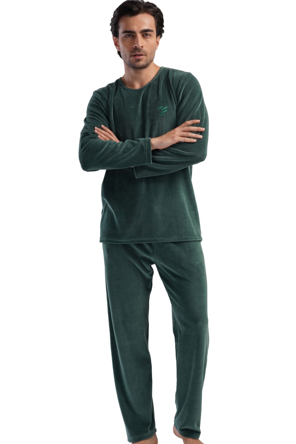 Pánské pyžamo z bavlněného weluru – tmavě zelené, teplé a pohodlné
