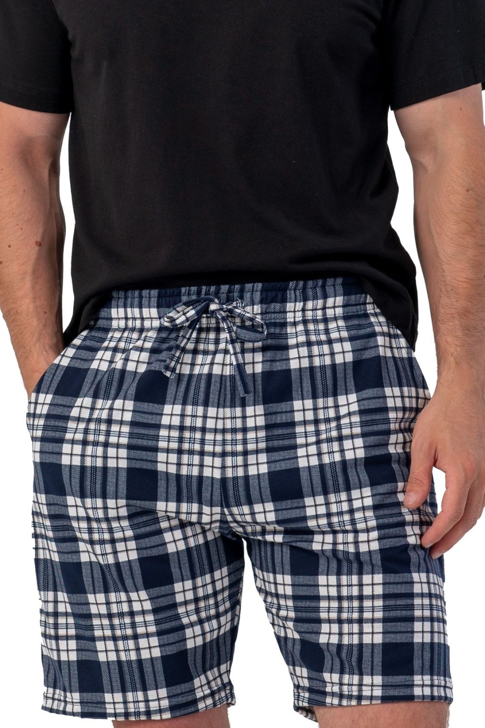 Pánské bavlněné pyžamové kraťasy tmavě modré káro