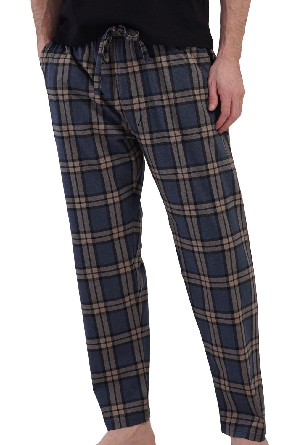 Pánské pyžamové kalhoty tmavě modré káro béžovo-šedé