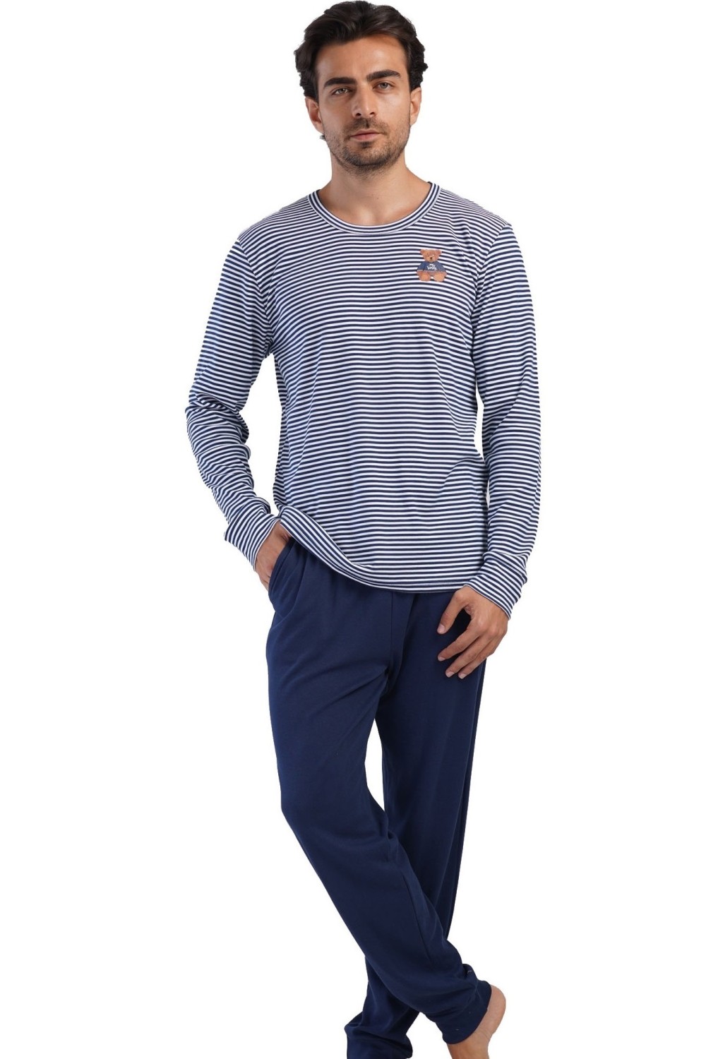 Pánské pyžamo s medvědem modro-bílé pruhované z teplé bavlny